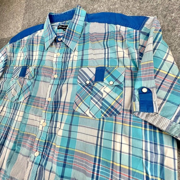 Knockout Jeans Button Up Shirt Mens 3XB Blue Plaid Pearl Snap Pockets & Sleeves - Picture 4 of 8